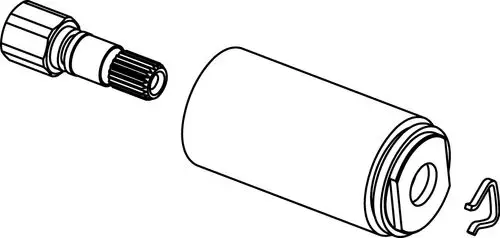 Anschlussset von Ideal Standard, bestehend aus einem zylindrischen Element und einem Schraubanschluss, neben einem kleinen Halteclip.
